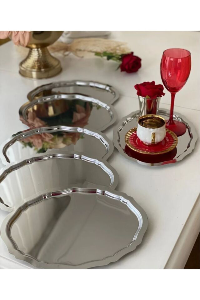 20 Cm 25 Cm Paslanmaz Çelik Oval 6 Adet Çay Kahve Sunum Ikram Söz Nişan Yüzük Tepsisi Dekoratif Şık