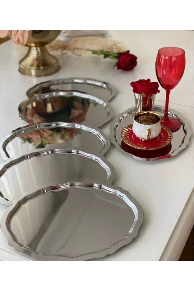 20 Cm 25 Cm Paslanmaz Çelik Oval 6 Adet Çay Kahve Sunum Ikram Söz Nişan Yüzük Tepsisi Dekoratif Şık