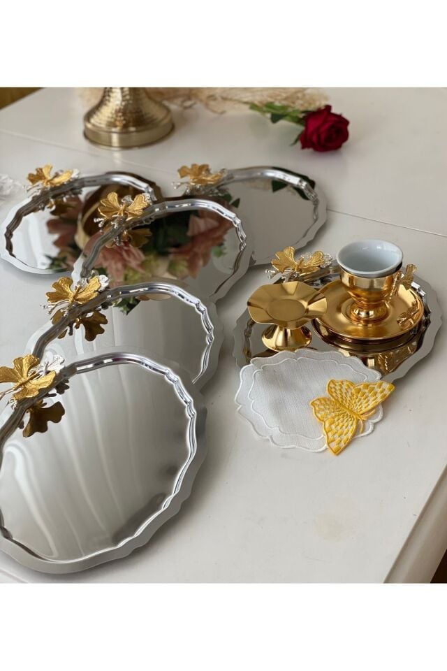 PASLANMAZ ÇELİK OVAL MODEL 20*25 CM SERVİS VE SUNUM TEPSİSİ KELEBEKLİ