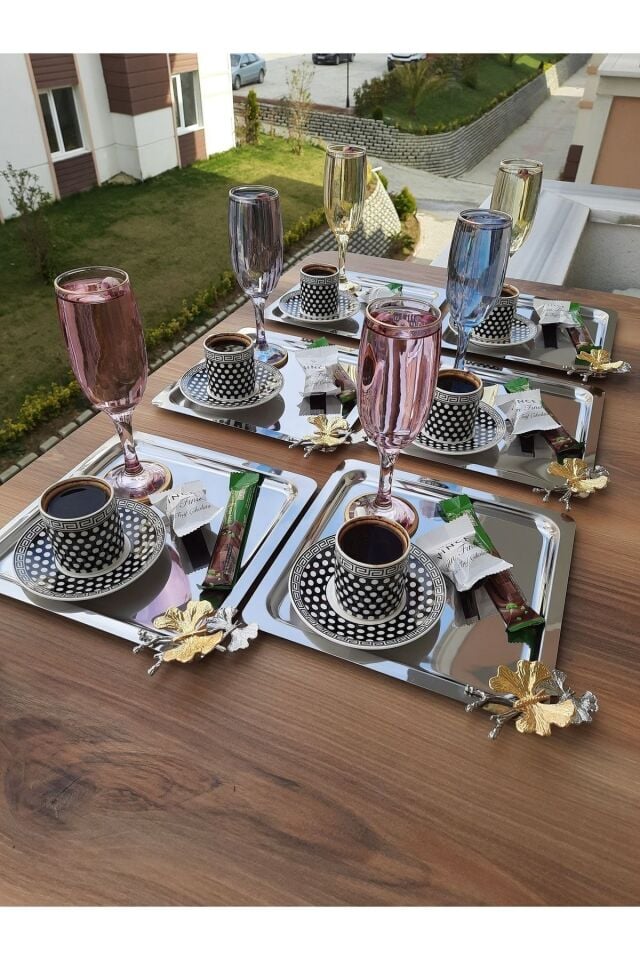 Paslanmaz Çelik Kare 6’lı Sunum Tepsisi Kelebek Aksesuarlı Ikramlık Sunumluk Kahve Ve Çay Sunum