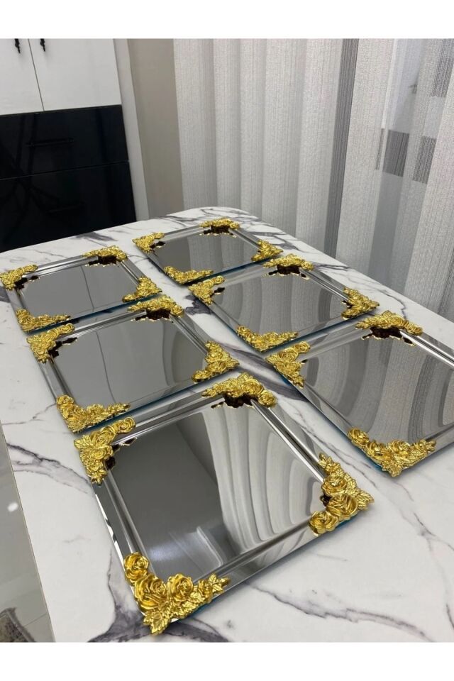 Gümüş Gold Güllü Detaylı 18/10 Çelik Kahve Sunum Tepsisi